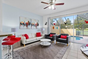 Beautiful view of the pool from the living room.