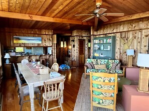 Galley kitchen behind farm table, main house entrance right of kitchen. 