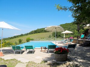 Propriété, Piscine, Vacances, Recours, Ombre, Parapluie, Table, Loisir, Été, Maison