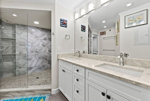 Huge master bathroom with walk in shower and his/her vanity
