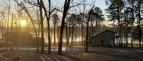 Great view of sunrise and large circular drive. 