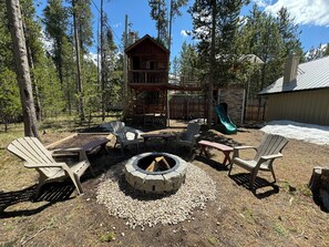 Fire Pit, Play Structure w swings and slide