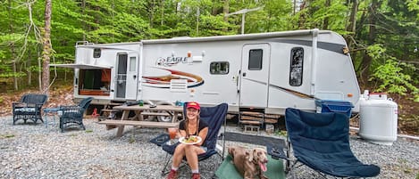 32” ft Rv that sleeps 6 comfortably in the Woods of Roscoe NY. WiFi & fire pit