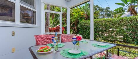 Enclosed screened lanai to relax and enjoy home cooked meals whenever you like.