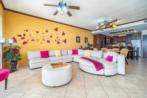 An enormous wrap around sofa