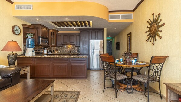 Dining table and kitchen