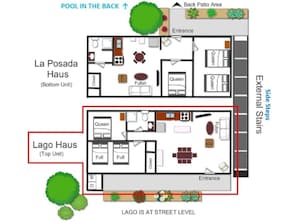 Lago Haus floor plan. Street level parking and entrance. Pool in the back. 