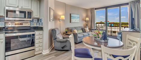Spacious relaxing living room with coastal vibes