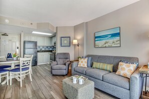 Spacious relaxing living room with coastal vibes