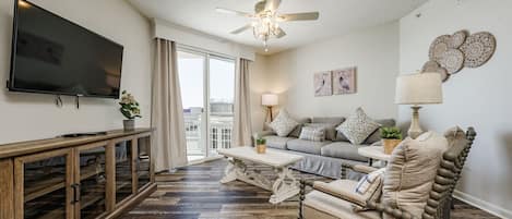 Spacious living area with ocean facing balcony