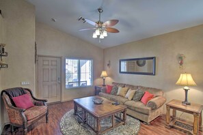 Vaulted ceilings create an open, airy space.