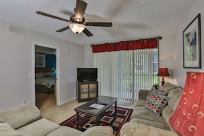 Private master bedroom is off the living room.