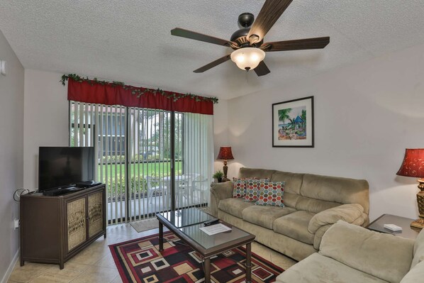 Two comfy couches in living room.  Relax and watch your favorite movies or news.