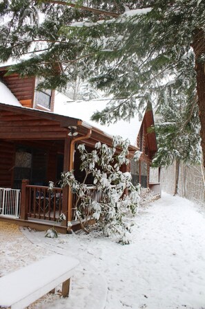 A rare dusting of snow makes the cabin look extra beautiful