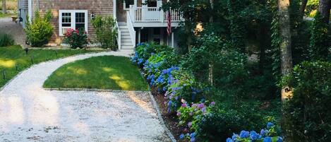 Front with Hydrangeas in bloom!