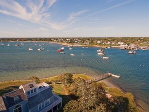 Aerial view of private dock and Stage Harbor