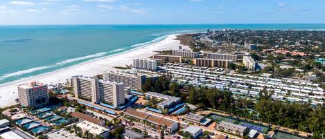 Drone shot of Siesta Key beach. The beach is just down the street from the condo