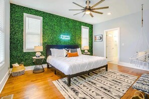 Lovely boho features, nean sign, and ceiling fan