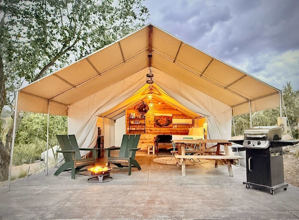 When you stay in Glamping Tent 3, you will have your own private bathroom inside the tent, heating and air conditioning, fridge, microwave, hot plate, pots and pans, basically EVERYTHING you need for the ultimate glamping experience!