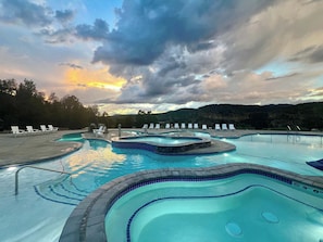 Relax after an adventure filled day in our new resort pool with a lazy river and 2 hot tubs. Our Pool sits high on the hill overlooking the valley below with beautiful sunset views in the evening!