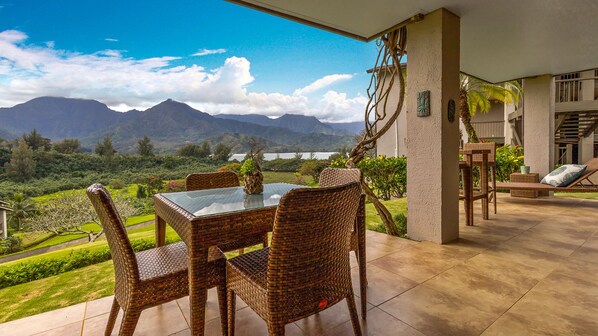 Hanalei Bay Resort #9123 - Ocean & Mountain View Dining & Lounging Lanai - Parrish Kauai