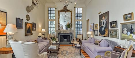 Living Room with Antique Limestone Fireplace mantel