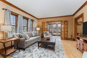 Living room includes a 50" Smart TV with built in Roku so you can access all your favorite subscription services while away from home