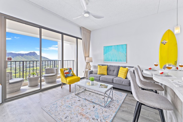 Gorgeous living room with a view of Diamond Head, with all-new furniture