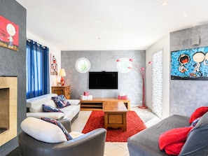 Eigentum, Couch, Möbel, Bilderrahmen, Blau, Dekoration, Tabelle, Wohnzimmer, Interior Design, Orange