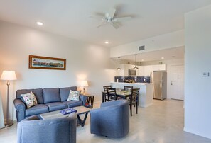 Living room, dining area and kitchen