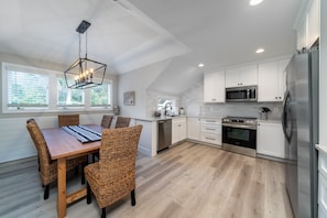 The kitchen and dining area have been completely renovated