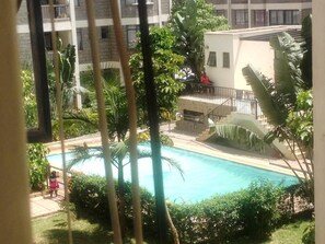 Swimming pool with a gym. Access to the pool is free and $2 a day for gym access
