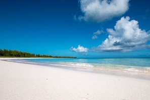 French Leave Beach, a mile-long crescent of pinkinsh sand, famously well protected by a barrier reef which keeps the surf calm and the water perfectly clear.