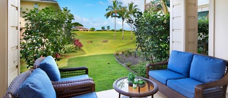 Pili Mai Resort at Poipu #10A - Covered Seating Lanai with Golf Course Views - Parrish Kauai