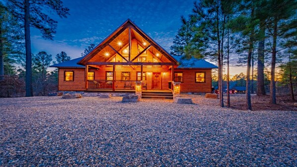 Dusk at Songbird Cabin - large lot with westward view off the back deck