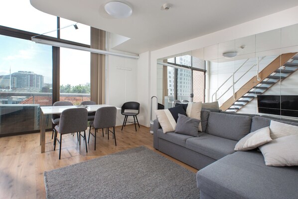 Comfortable couch, bright and open living space