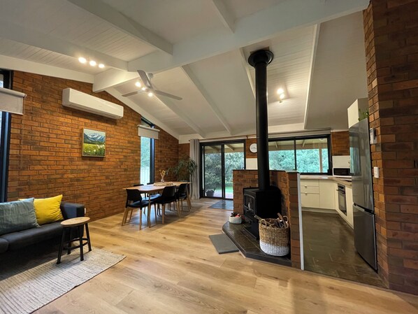 Enjoy an open plan setting with a wood heater for great ambience 