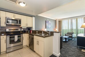 Kitchen overlooks living area #1611