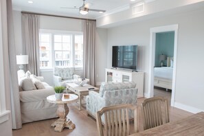 Sink into the cozy sofa after a day exploring the area.