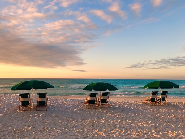 Go Beachfront view at dusk, offering a picturesque end to the day with waterfront seating.or a swim.