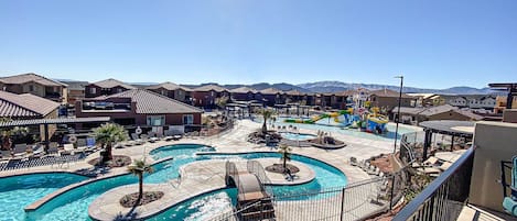 Awesome view of Lazy River and Kids Cove Waterslides right from the rooftop deck and back patio.