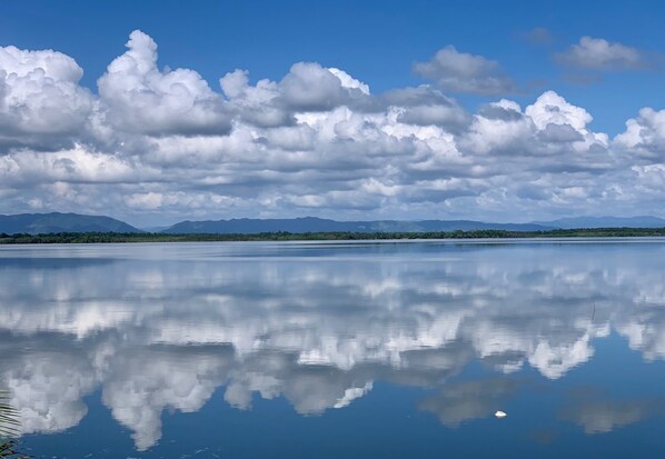 Stunning lagoon view of Mayan Mountains, and reflections.