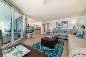 Kick back and relax in the living room while watching your favorite show or the big game on the "man-sized" flat screen TV