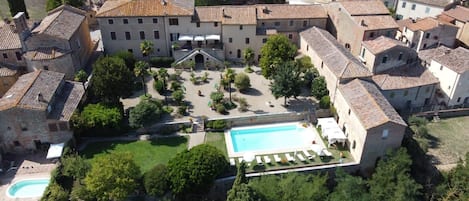 An aerial view of house and garden