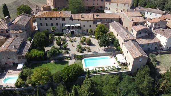 An aerial view of house and garden