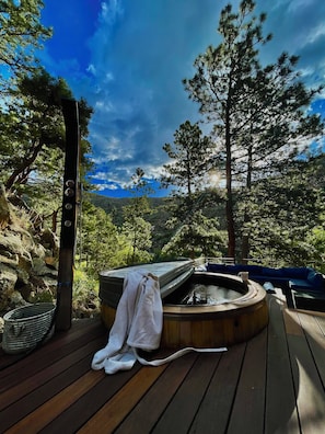 Morning soaks in the cedar tub.