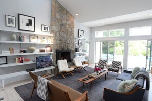 Living room with view to deck 