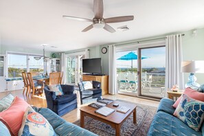 Main house 2nd floor living/dining room with ocean views and main deck access