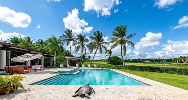 pool with golf view

