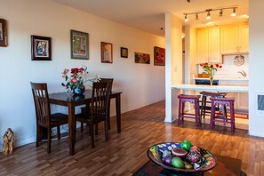 Living room with view of the kitchen